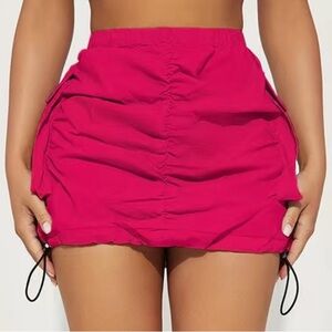 Hot Pink Pleated Cargo Mini Skirt with Drawstring